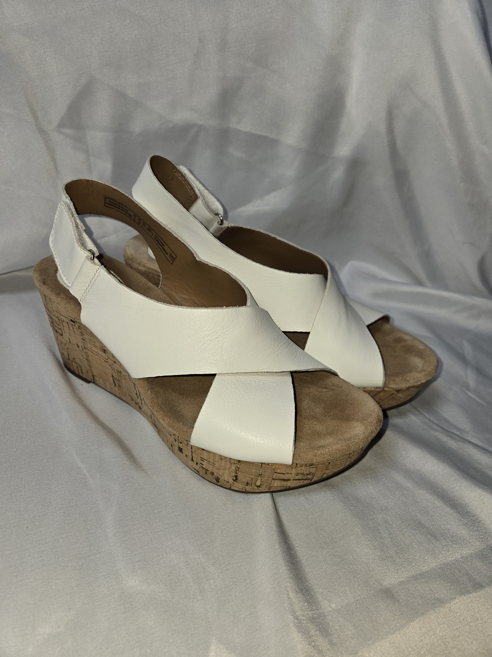 Clarks White Leather Cork Wedge Slingback Sandals